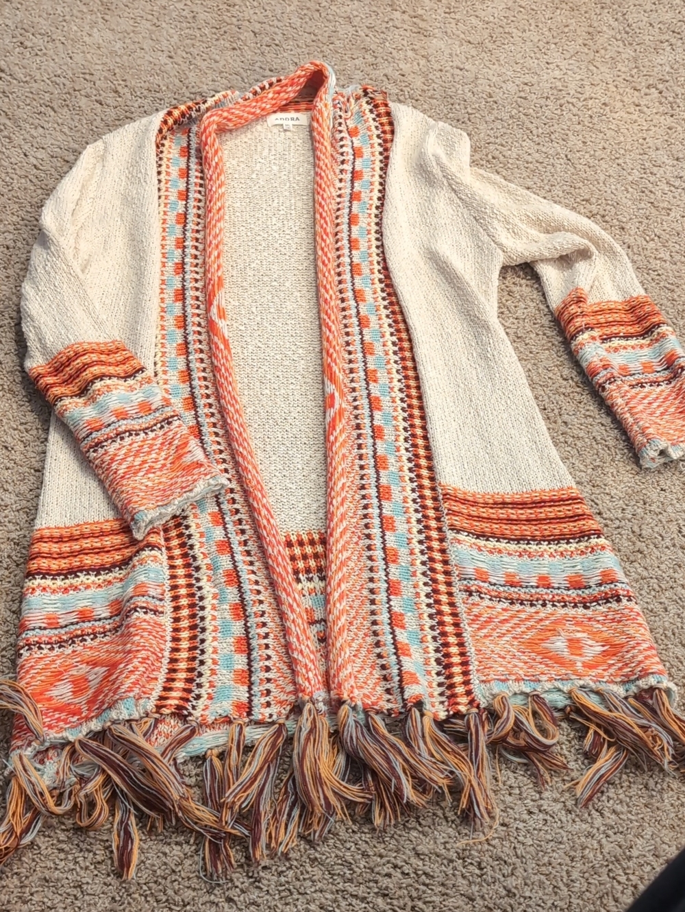 ADORA Cream Cardigan with Orange & Light Blue Patterned Trim